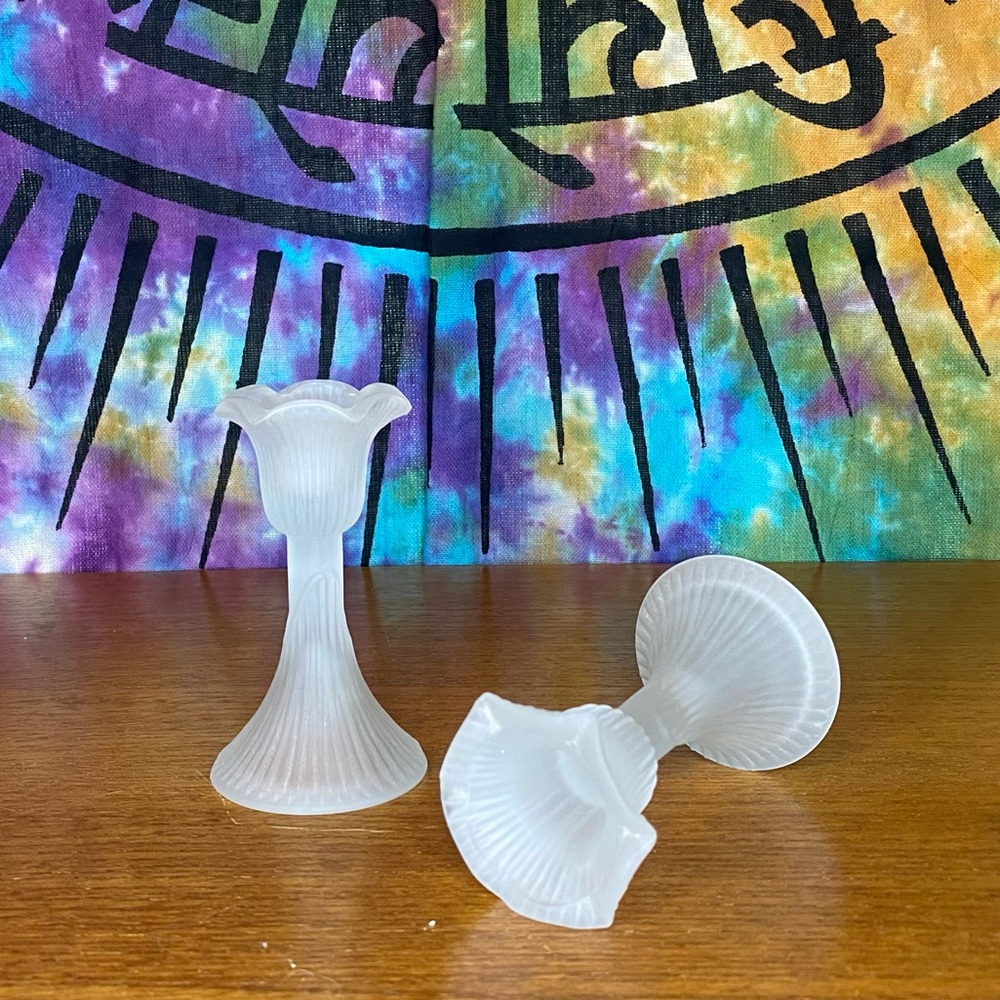 Vintage 1990s Satin Frosted Glass Tulip Taper Candlestick Holder Set by Interpur